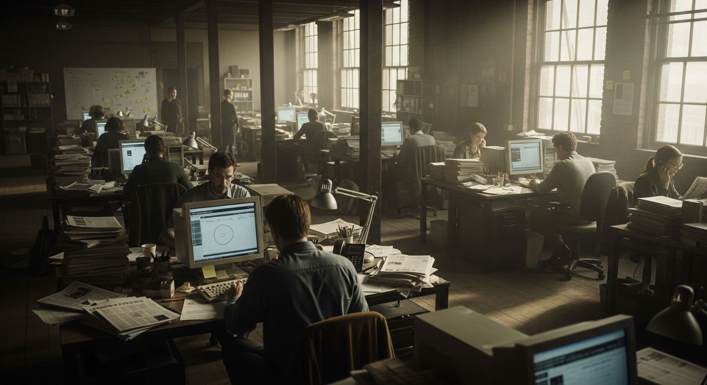 Members of a newsroom team working together at a long table