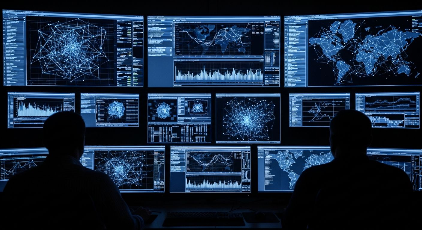 A wall of computer screens showing data and code