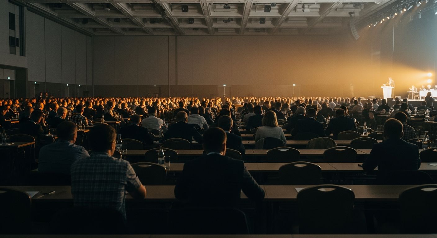 A full conference hall facing a lit stage