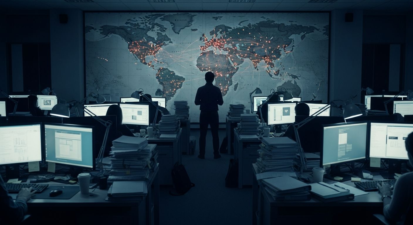 An investigative newsroom at night with a wall map of global connections