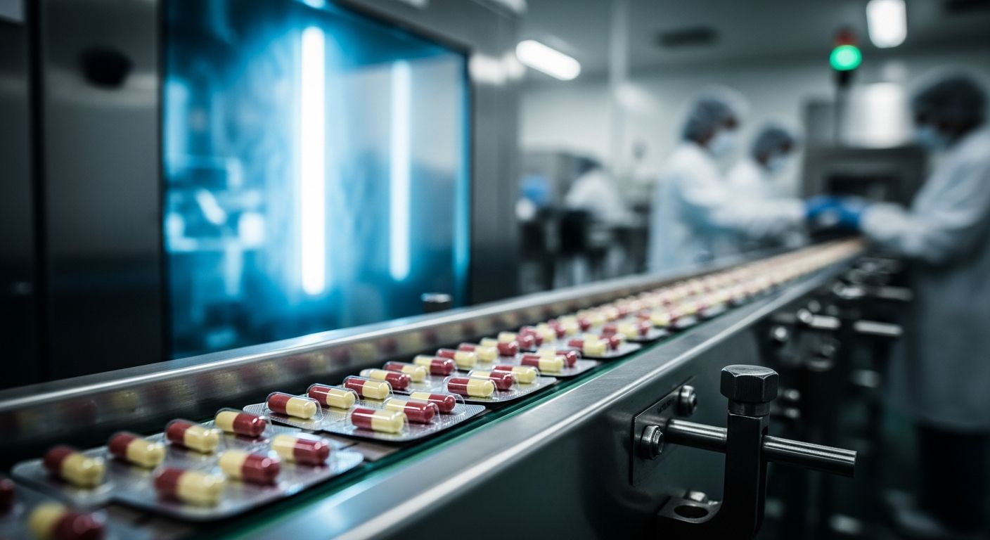 Pills moving along a pharmaceutical production line