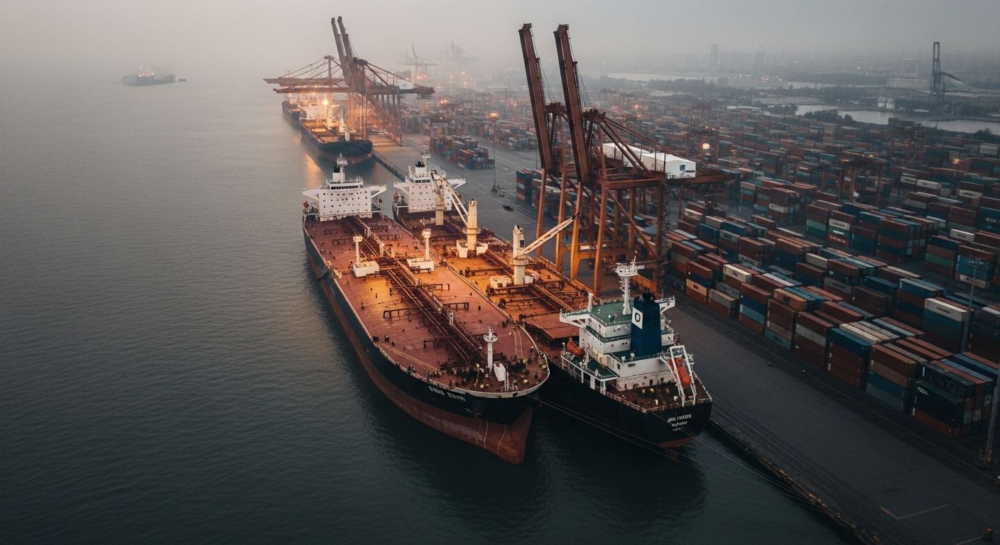 Ageing oil tankers anchored in a foggy port